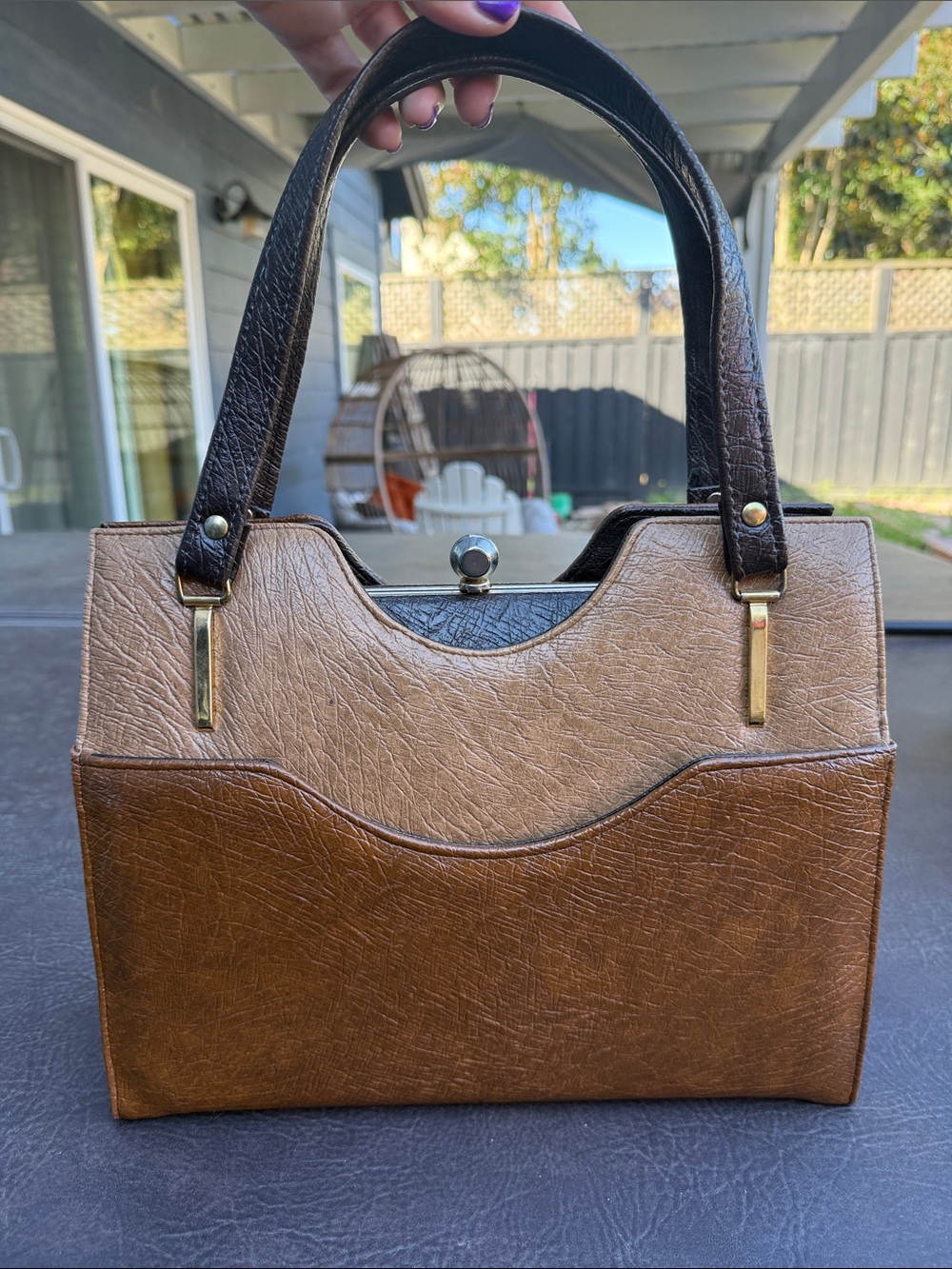 Vintage Two-Tone Brown and Dark Brown Structured Satchel Berne vinyl perfect big